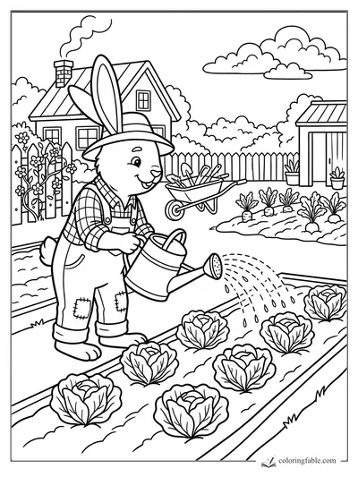 Rabbit gardener in overalls waters cabbages beside a wheelbarrow, cottage, fence, and shed.