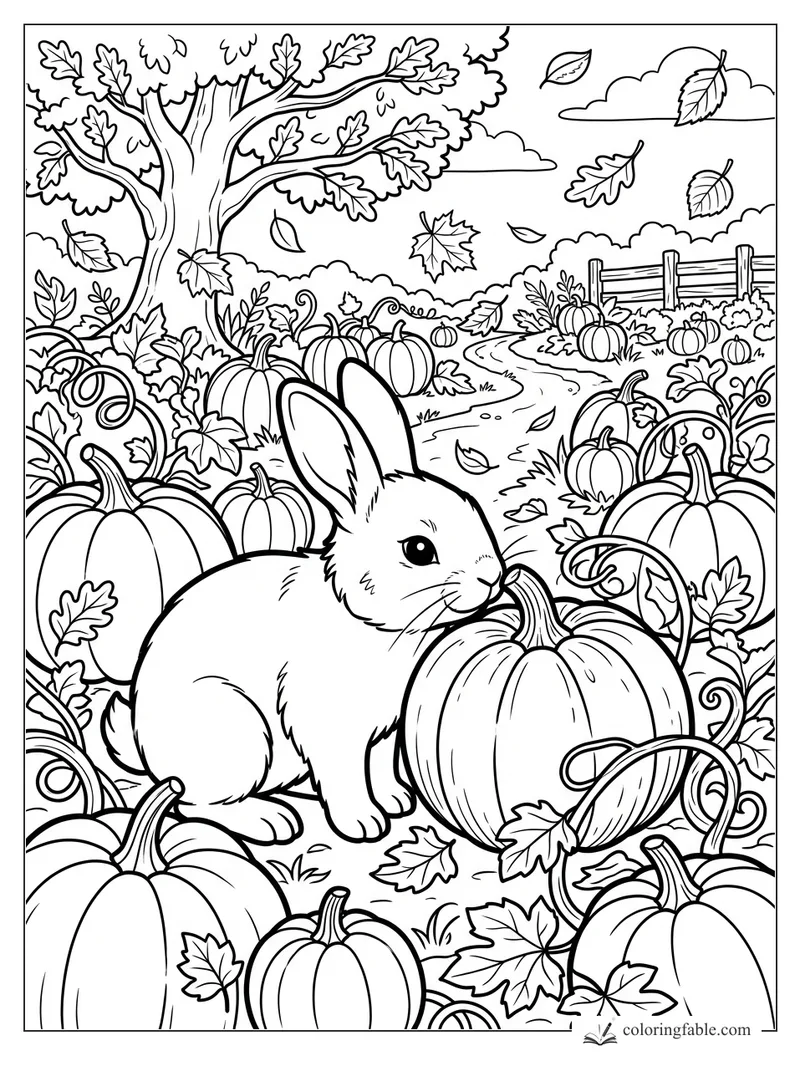 Rabbit beside a pumpkin on a winding patch path with falling leaves, oak tree, vines, and fence