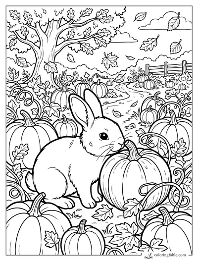 Rabbit beside a pumpkin on a winding patch path with falling leaves, oak tree, vines, and fence
