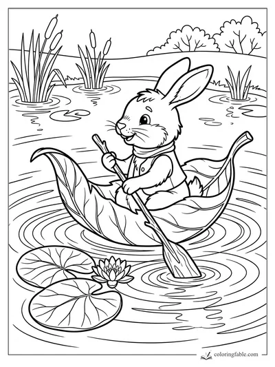 Rabbit in a vest paddles a curled leaf canoe past lily pads, cattails, and pond ripples.
