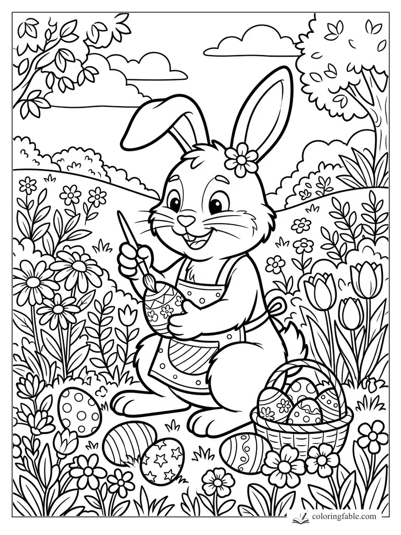 Cartoon rabbit with a paintbrush decorating eggs among daisies, tulips, basket, trees, and clouds.