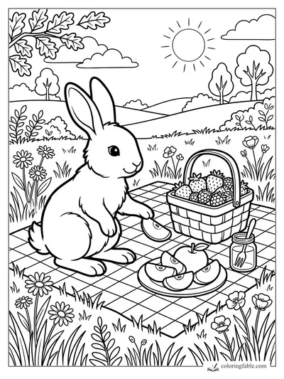 Rabbit on a checkered picnic blanket with berries, apple slices, flowers, hills, sun, and oak leaves