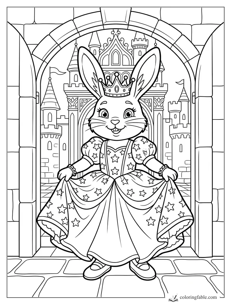 Smiling rabbit princess in crown and star dress standing before a castle arch