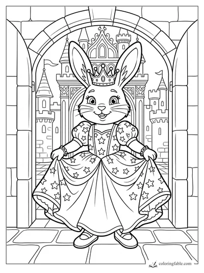 Smiling rabbit princess in crown and star dress standing before a castle arch