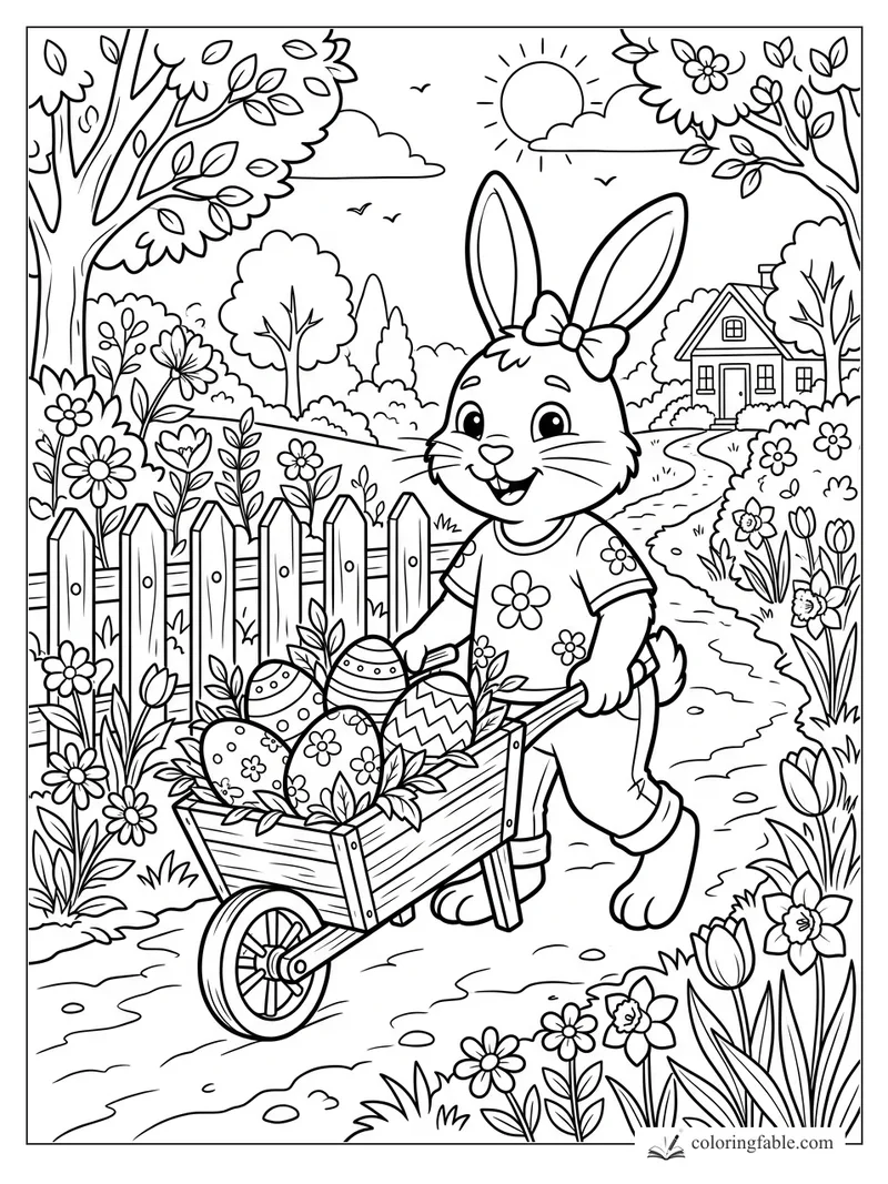 Smiling bunny with bow pushes a wheelbarrow of decorated eggs along a garden path by a picket fence.
