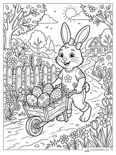 Smiling bunny with bow pushes a wheelbarrow of decorated eggs along a garden path by a picket fence.