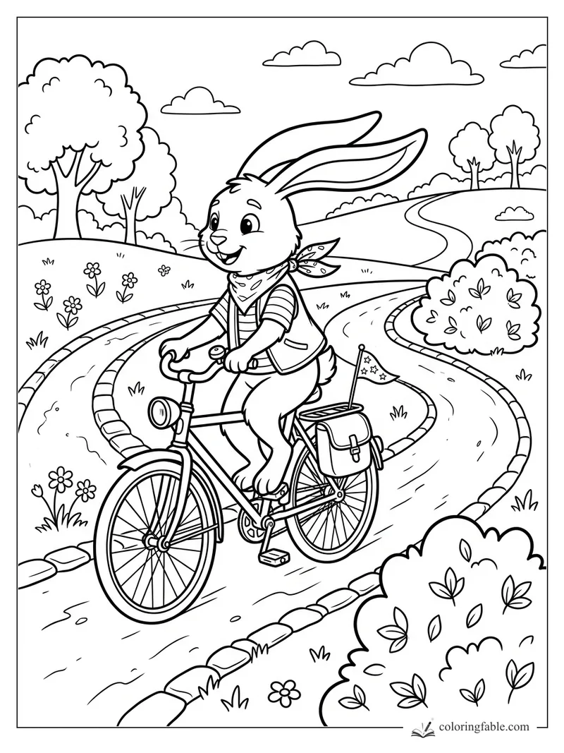 Cartoon rabbit riding a bicycle on a winding park path with trees, flowers, clouds, satchel, and flag.