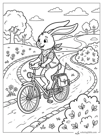 Cartoon rabbit riding a bicycle on a winding park path with trees, flowers, clouds, satchel, and flag.
