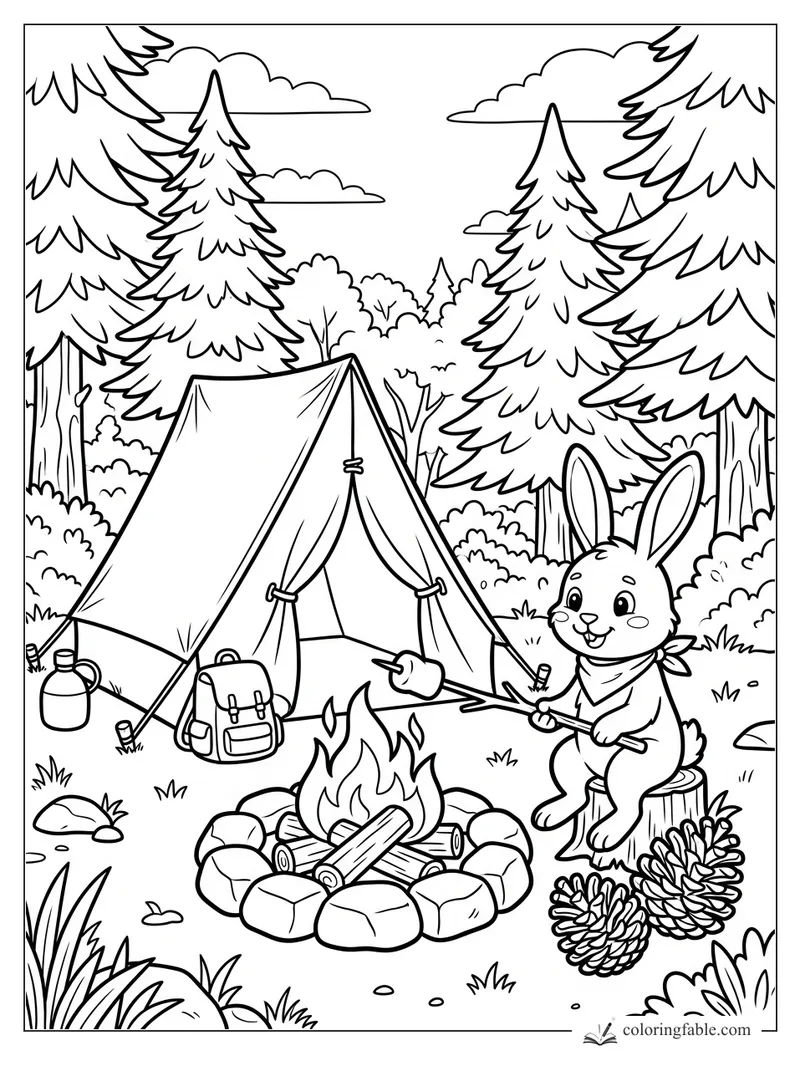 Rabbit in a bandana roasting a marshmallow by a campfire beside a tent in a pine forest