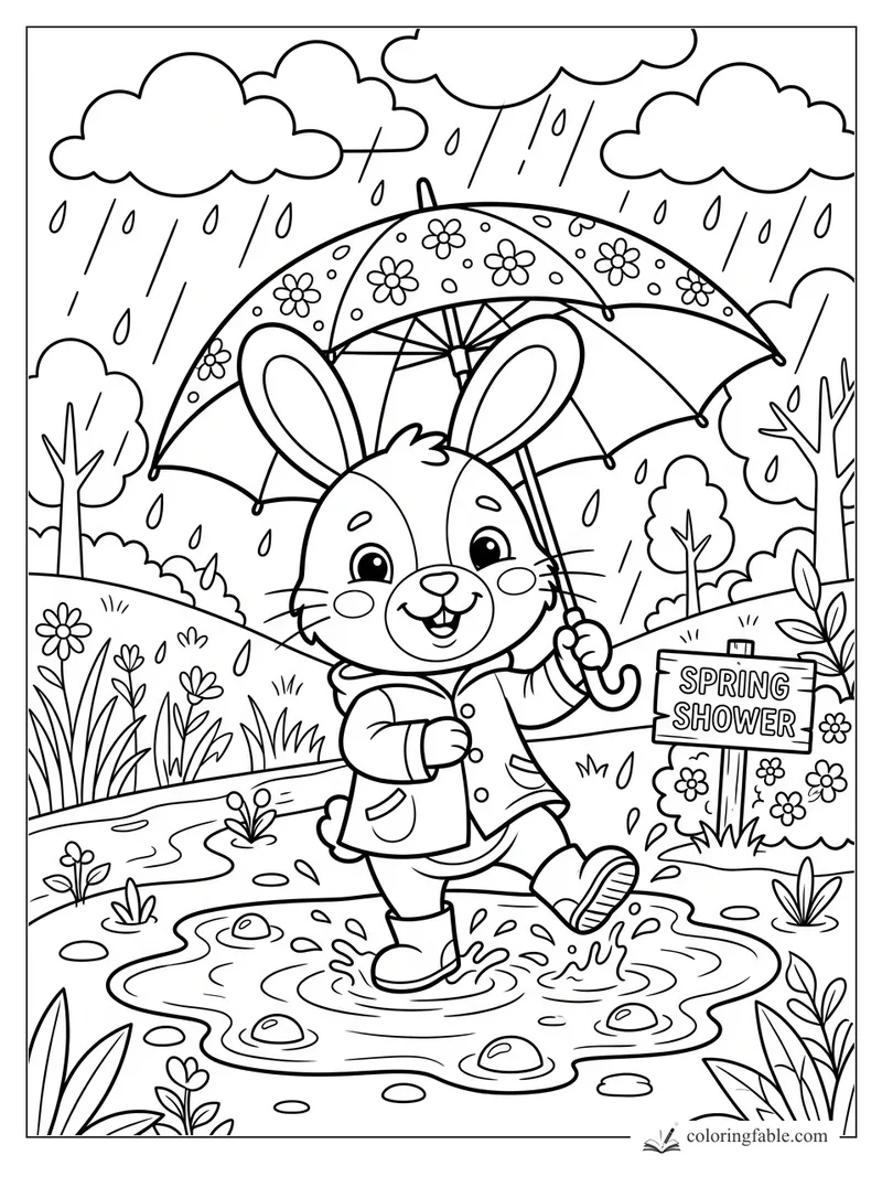 Cartoon rabbit in a raincoat splashing through puddles under a flower umbrella during a spring shower.
