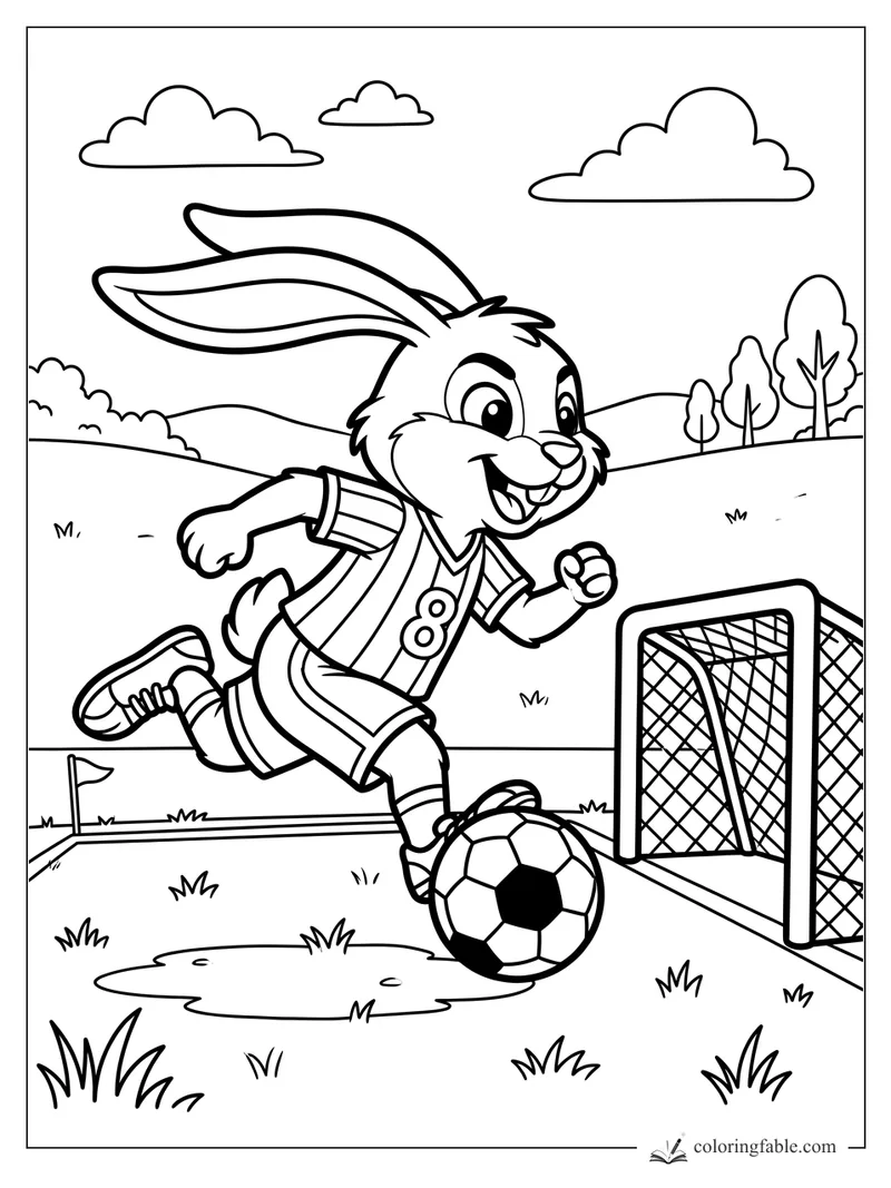 Cartoon rabbit in a soccer uniform dribbles a ball toward a net on a grassy field.