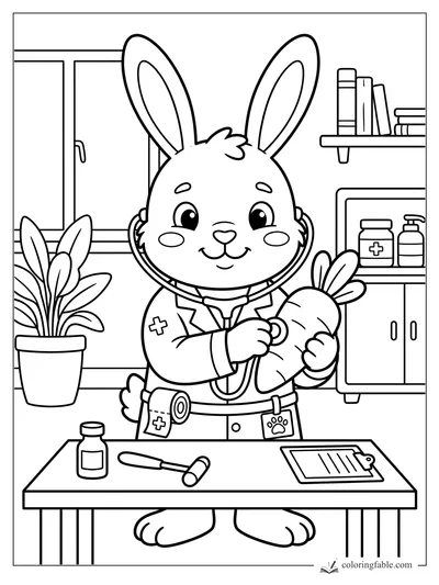 Cartoon rabbit vet with stethoscope examining a carrot in a clinic, with tools, plant, shelves, and clipboard.