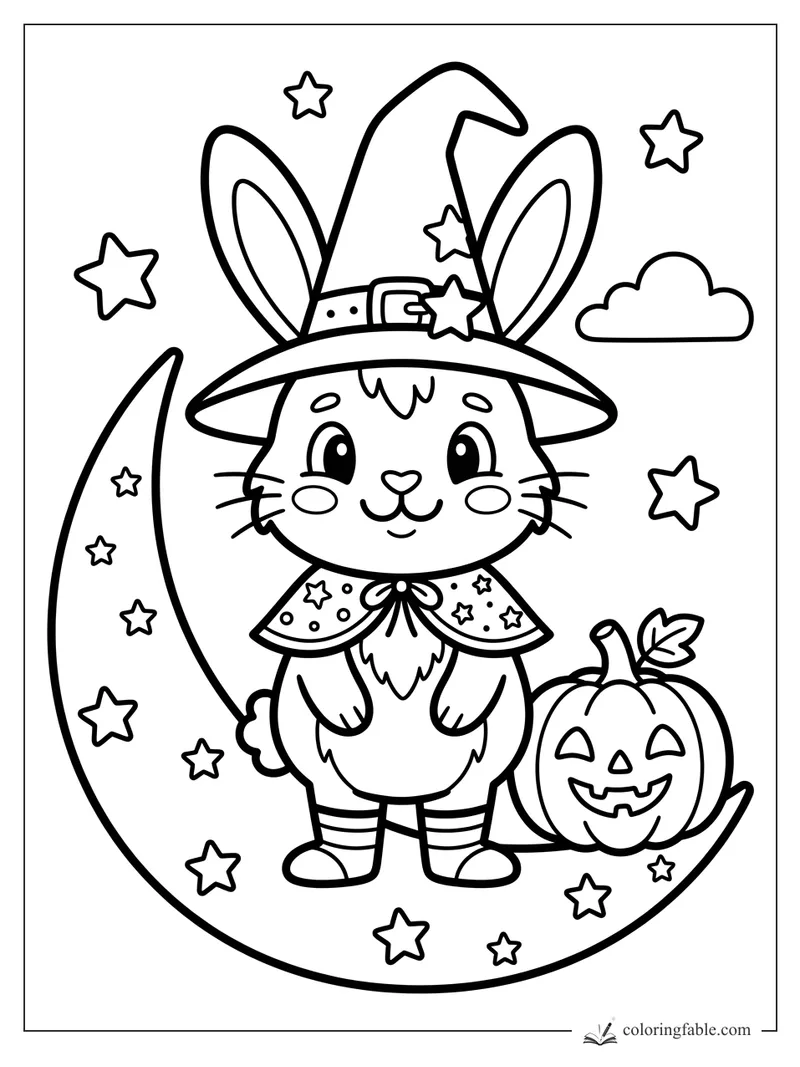 Cute rabbit in a witch hat standing on a crescent moon with stars, cloud, and jack-o'-lantern