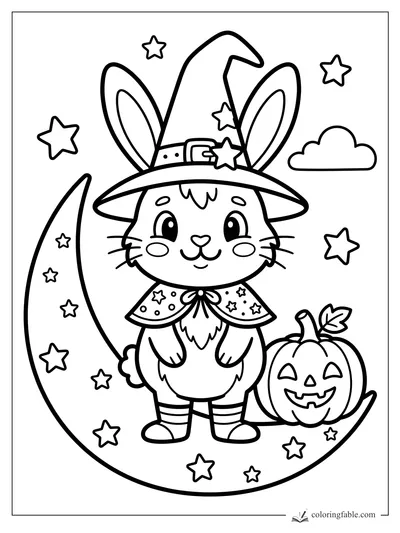 Cute rabbit in a witch hat standing on a crescent moon with stars, cloud, and jack-o'-lantern