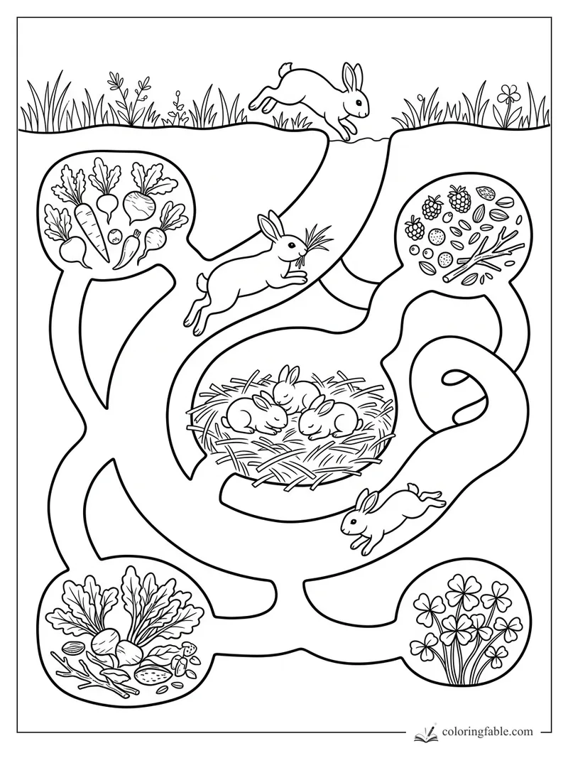 Rabbits in a burrow maze with a nest, vegetables, berries, clover, and tall grass above ground