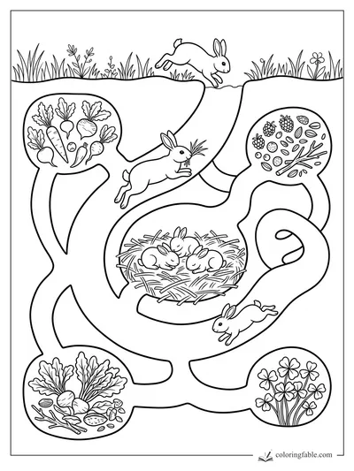 Rabbits in a burrow maze with a nest, vegetables, berries, clover, and tall grass above ground