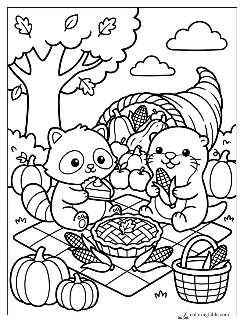 Cute raccoon and otter eating pie and corn at a fall harvest picnic with pumpkins and cornucopia.