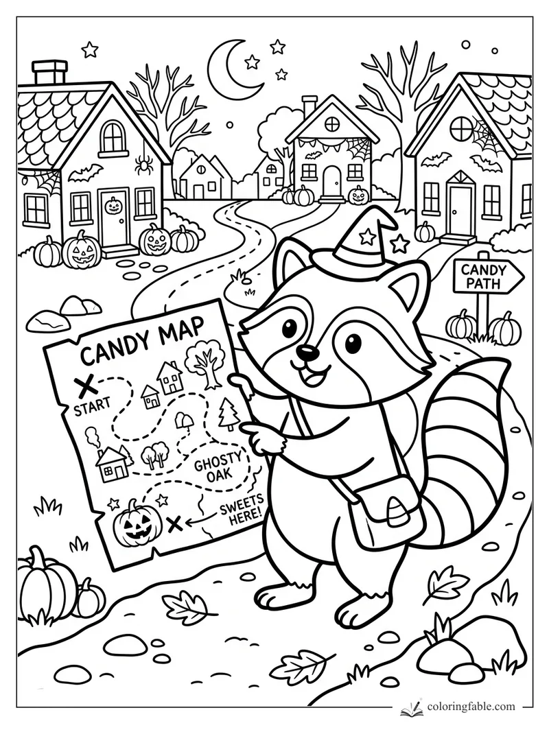 Cartoon raccoon in a witch hat holding a candy map on a Halloween street with pumpkins and spooky houses