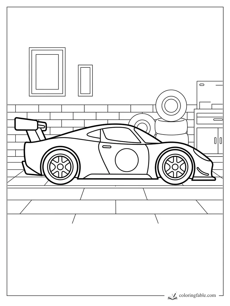Minimalist race car coloring page in a garage with stacked tires, brick wall, tools, and cabinets.