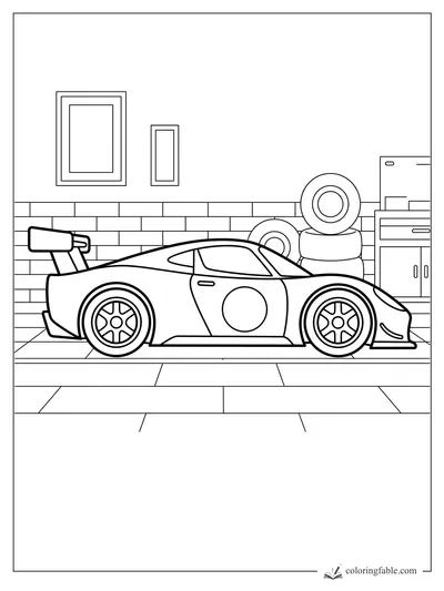 Minimalist race car coloring page in a garage with stacked tires, brick wall, tools, and cabinets.