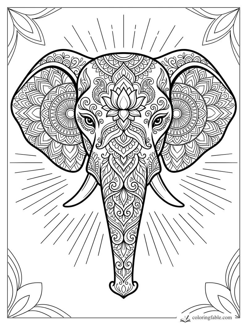 Intricate mandala elephant head with patterned ears, tusks, lotus forehead, rays, and corner leaves