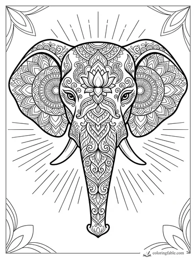Intricate mandala elephant head with patterned ears, tusks, lotus forehead, rays, and corner leaves