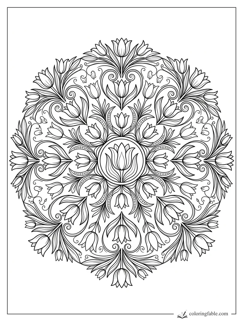 Intricate tulip mandala with a central bloom, layered petals, curling vines, leaves, and dotted arcs