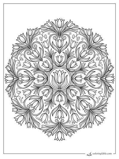 Intricate tulip mandala with a central bloom, layered petals, curling vines, leaves, and dotted arcs
