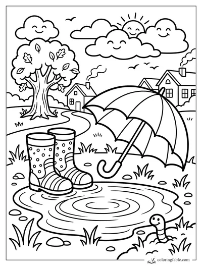 Cartoon rain boots and umbrella beside a puddle, with smiling clouds, sun, tree, houses, and worm.