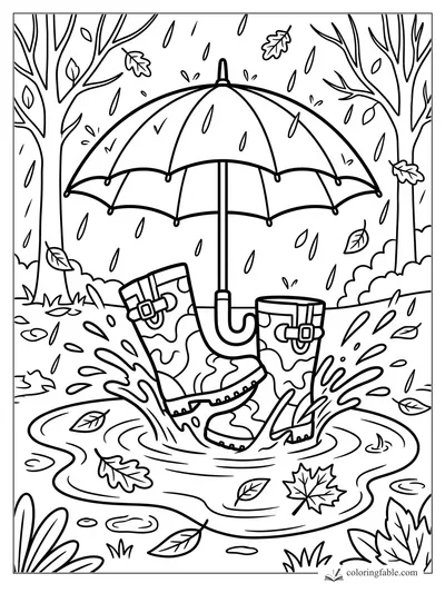 Fall coloring page with rain boots, umbrella, puddle splashes, bare trees, and falling leaves.
