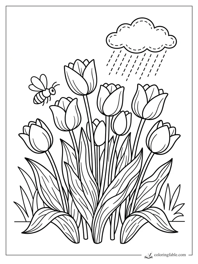 Tulip garden coloring page with seven blooms, a bee, leafy stems, and a dashed rain cloud.