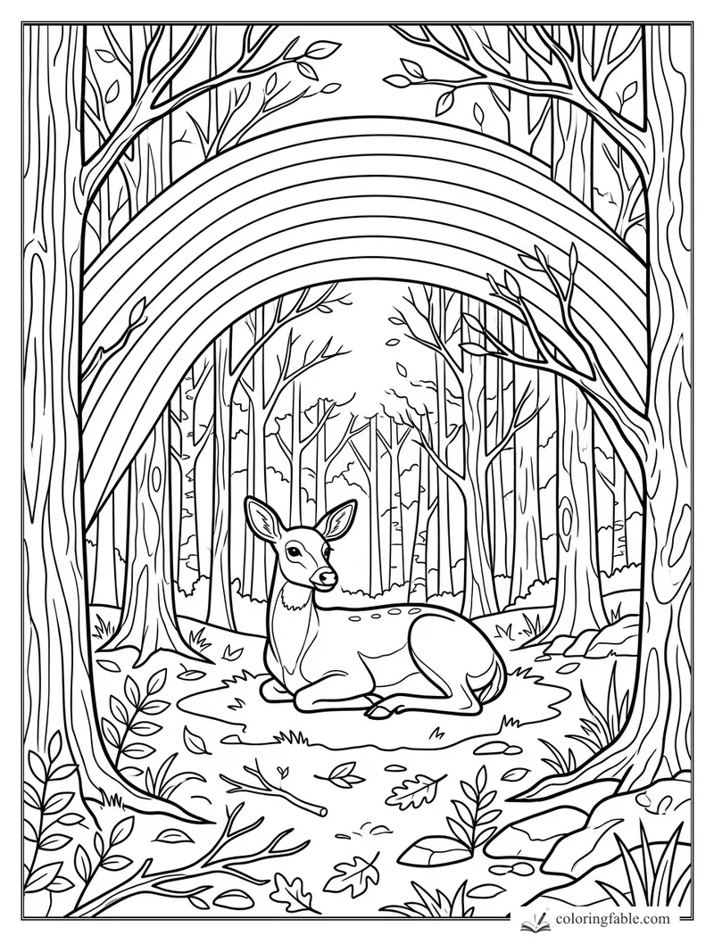 Realistic coloring page of a deer resting under a rainbow arch in a tall forest
