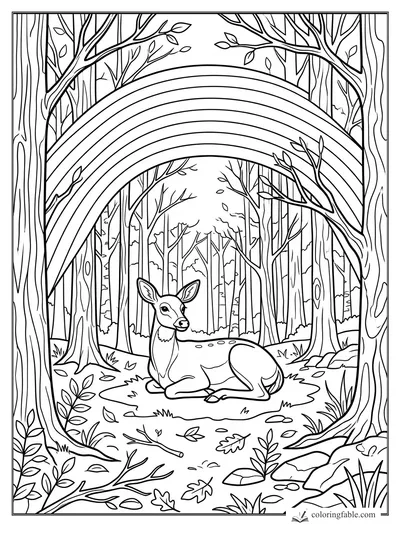 Realistic coloring page of a deer resting under a rainbow arch in a tall forest