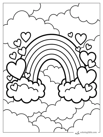 Rainbow coloring page with puffy clouds and heart stickers around a bold arch