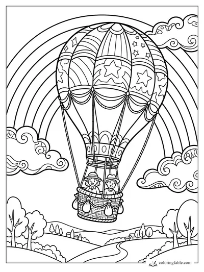 Cartoon hot air balloon with two kids floating under a rainbow above hills and curly clouds