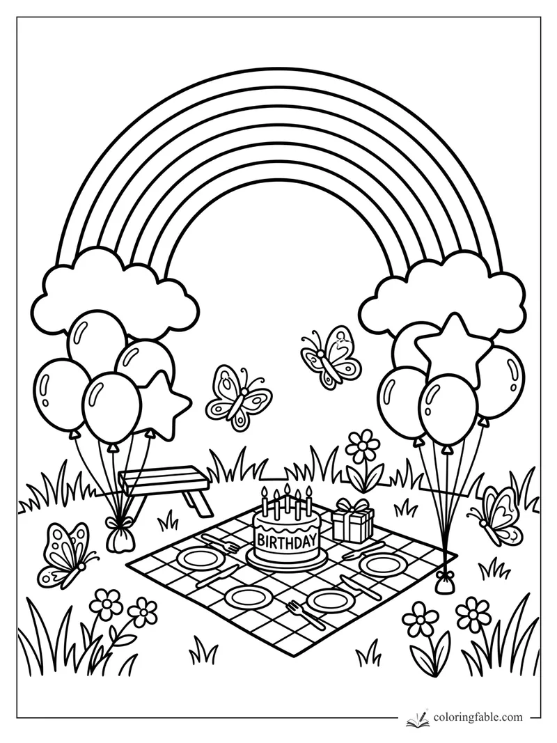 Rainbow birthday picnic coloring page with cake, balloons, butterflies, flowers, and gift on a checkered blanket