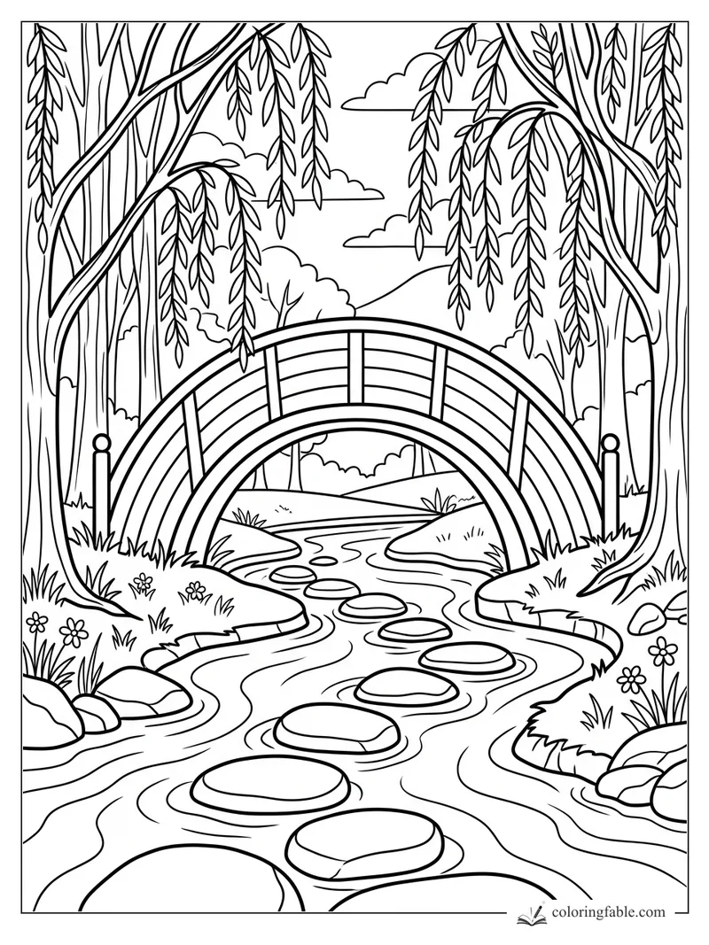 Easy coloring page of an arched rainbow bridge over a creek with stepping stones, willows, flowers, and clouds.