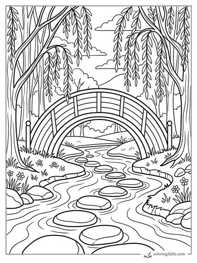 Easy coloring page of an arched rainbow bridge over a creek with stepping stones, willows, flowers, and clouds.