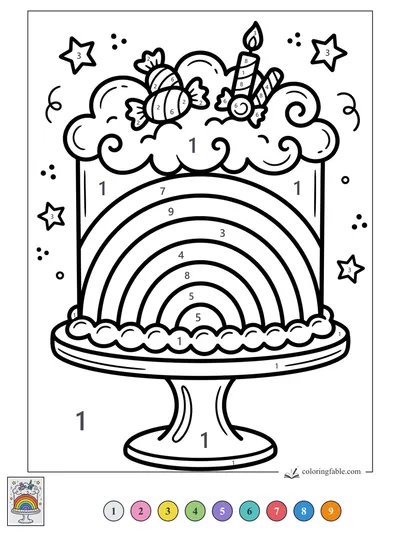Rainbow Cake with Candy, Stars, and One Candle — color by number