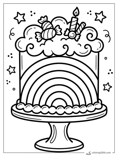Easy rainbow cake coloring page with frosting clouds, candy, stars, and a single striped candle.