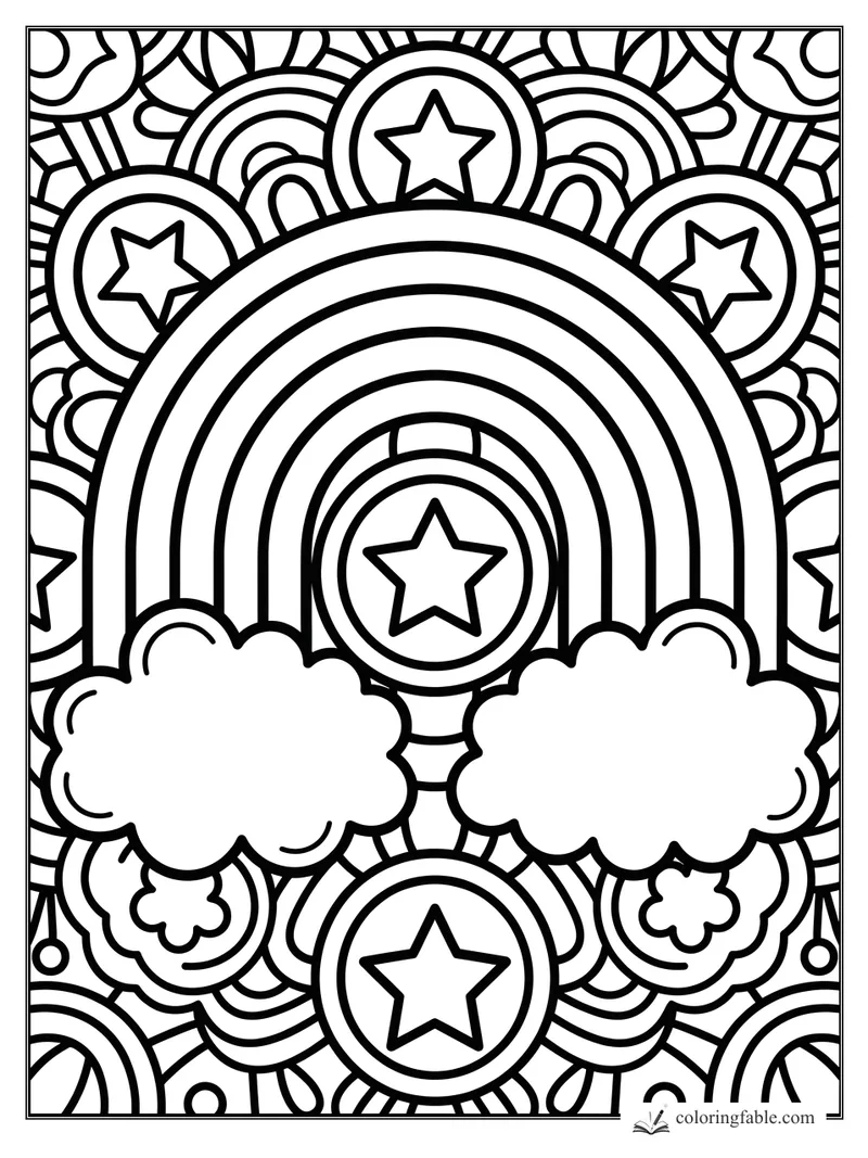 Bold rainbow mandala coloring page with stars, puffy clouds, arcs, circles, and simple patterns.