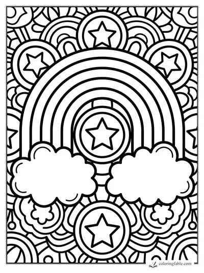 Bold rainbow mandala coloring page with stars, puffy clouds, arcs, circles, and simple patterns.