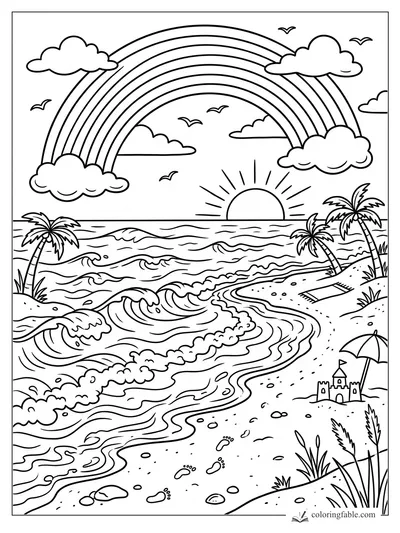 Cartoon rainbow over ocean waves, beach palms, sunset, clouds, birds, sandcastle, umbrella, and footprints