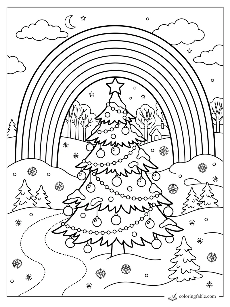Christmas tree with ornaments under a large rainbow, clouds, moon, stars, snowflakes, and snowy hills