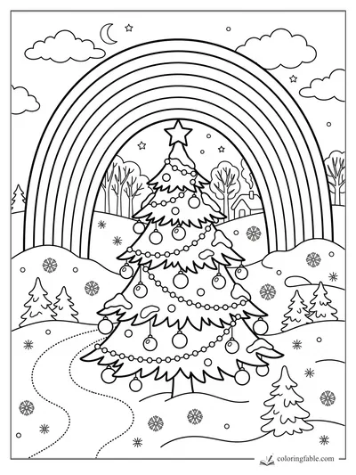 Christmas tree with ornaments under a large rainbow, clouds, moon, stars, snowflakes, and snowy hills