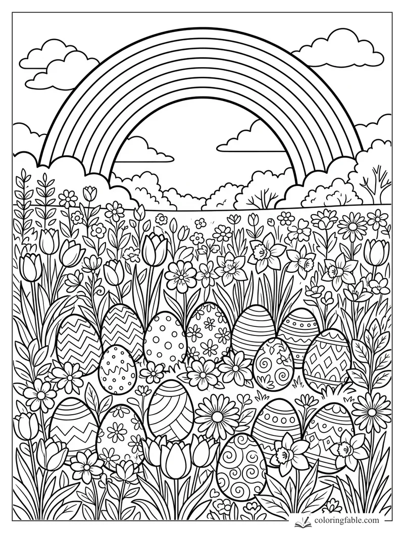 Rainbow above a flower meadow filled with patterned Easter eggs, tulips, daisies, and clouds