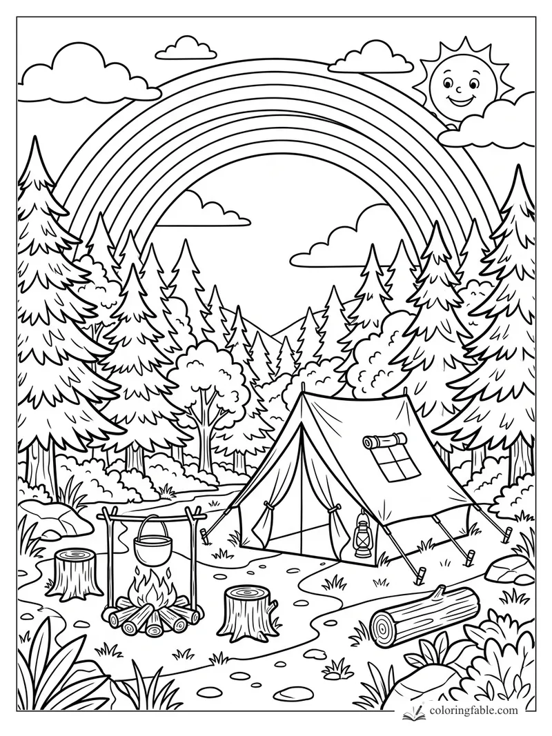 Cartoon rainbow over pine forest campsite with tent, campfire, cooking pot, clouds, and smiling sun