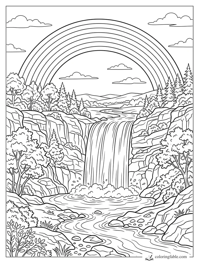 Realistic rainbow arching over a forest waterfall, rocky canyon, river, pine trees, and clouds