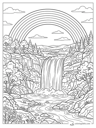 Realistic rainbow arching over a forest waterfall, rocky canyon, river, pine trees, and clouds
