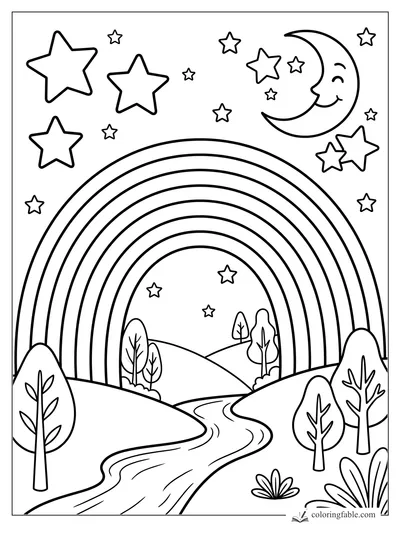 Easy rainbow coloring page with a smiling crescent moon, stars, trees, hills, and a winding river.